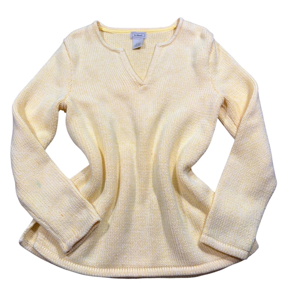 LL Bean Yellow Cotton Shaker Stitch Split Neck Sweater Womens XS 273474